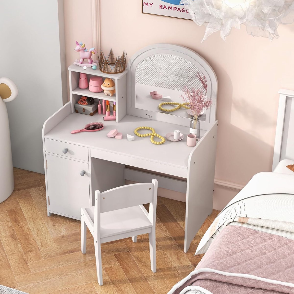 make-uptafel voor kinderen met kruk en led-spiegel, prinsessenkaptafel met lade en rek en kast, kindermake-uptafel, kinderkaptafel van hout voor meisjes Novihome