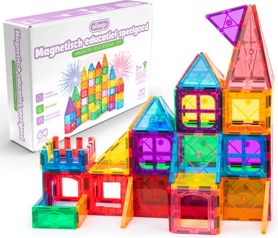 Elissio® Magnetic Tiles – 64 Stuks Magnetisch Speelgoed – Montessori & STEM Bouwblokken – Magnetische Tegels – Educatief Constructiespeelgoed voor Kinderen 3-12 Jaar