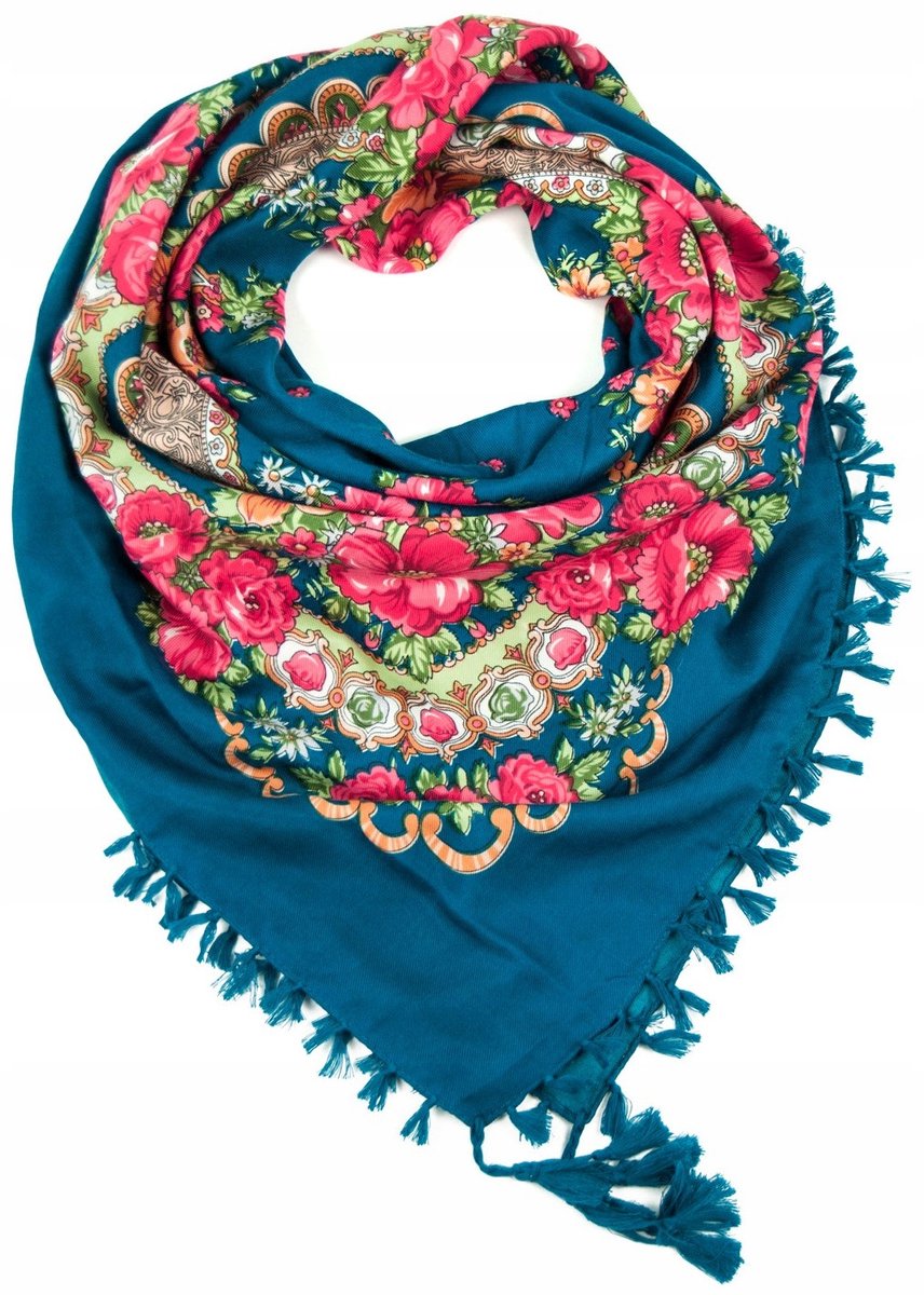 Folklandse Sjaal met Franjes - Kwieitige Bloemenprint, Zee Blauw