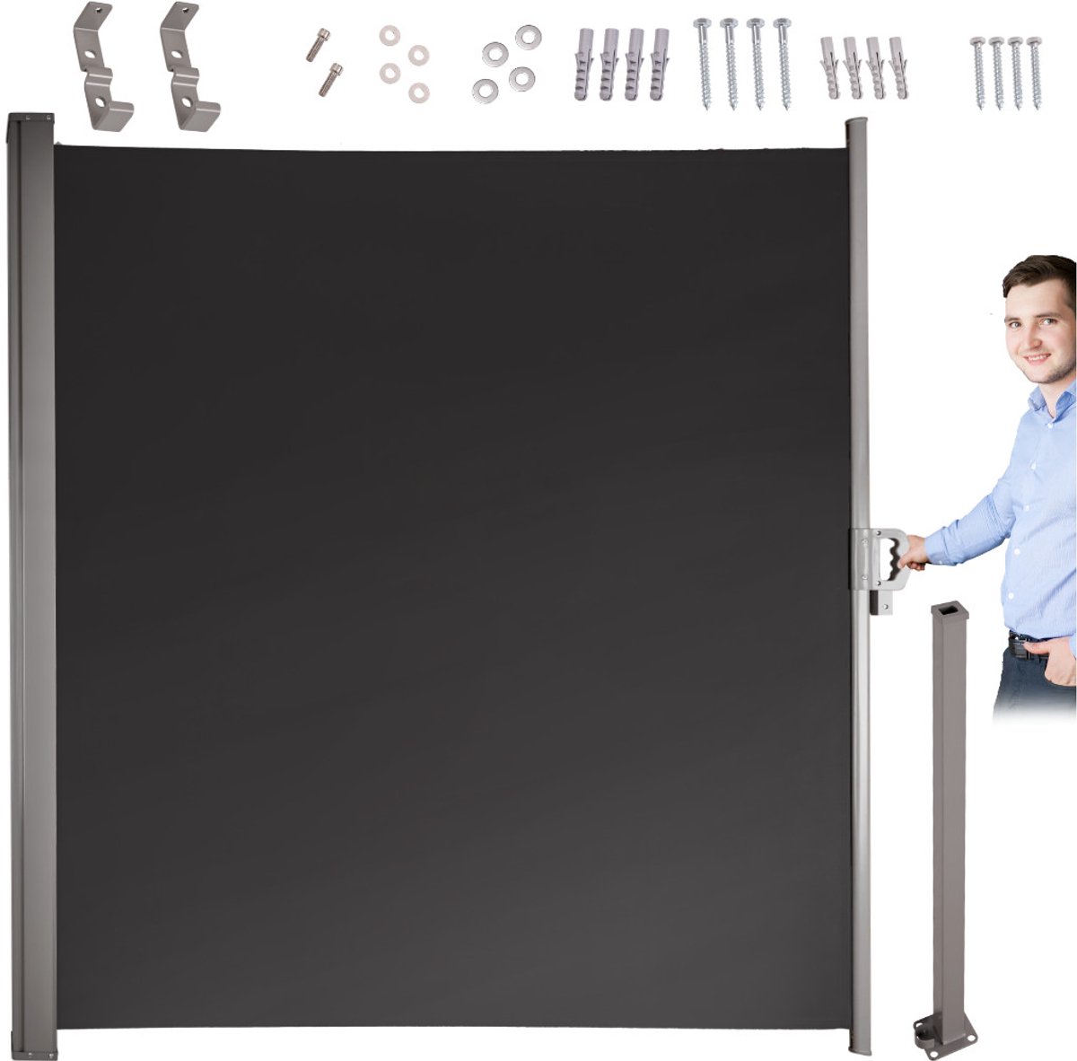 Uitrolbaar Windscherm Terras – 160x300 cm – Grijs – Weerbestendig & Privacybescherming