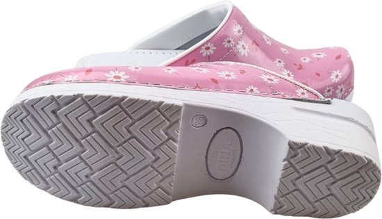 Roze PU klompje met witte madeliefjes, witte zool met antislip profiel.