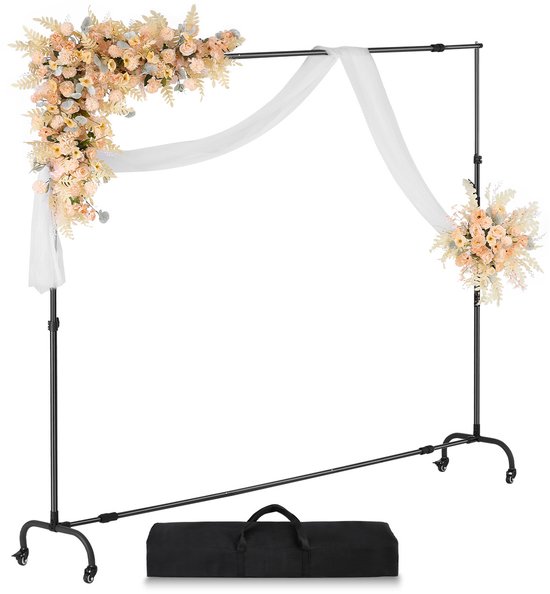 Zwarte achtergrondstandaard met bloemendecoratie en witte stof, inclusief draagtas.