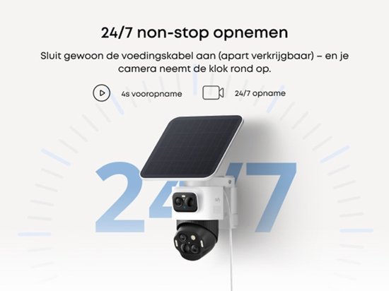Een eufy beveiligingscamera met zonnepaneel, met een 24/7 opname-indicator.