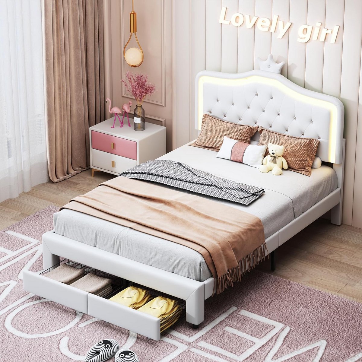 Gepolsterd Kinderbed met Opbergruimte en LED Verlichting, 140 x 200 cm