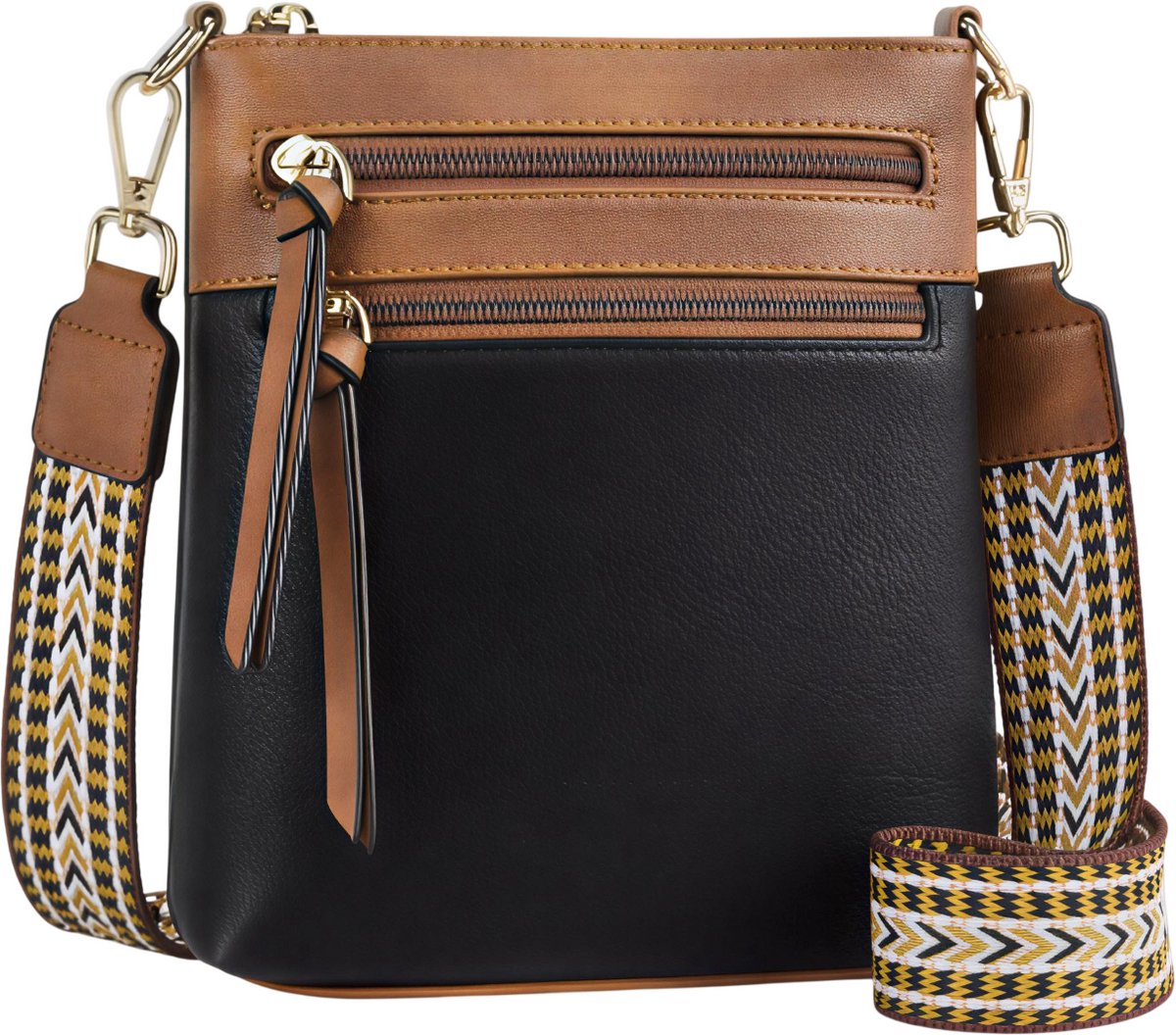 Stijlvolle Casual Dames Crossbodytas – Retro Multifunctionele Telefoontas, Schoudertas voor Werk, Reizen en Dagelijks Gebruik – Dubbele Ritssluiting & Eenvoudig Design-Zwart en bruin