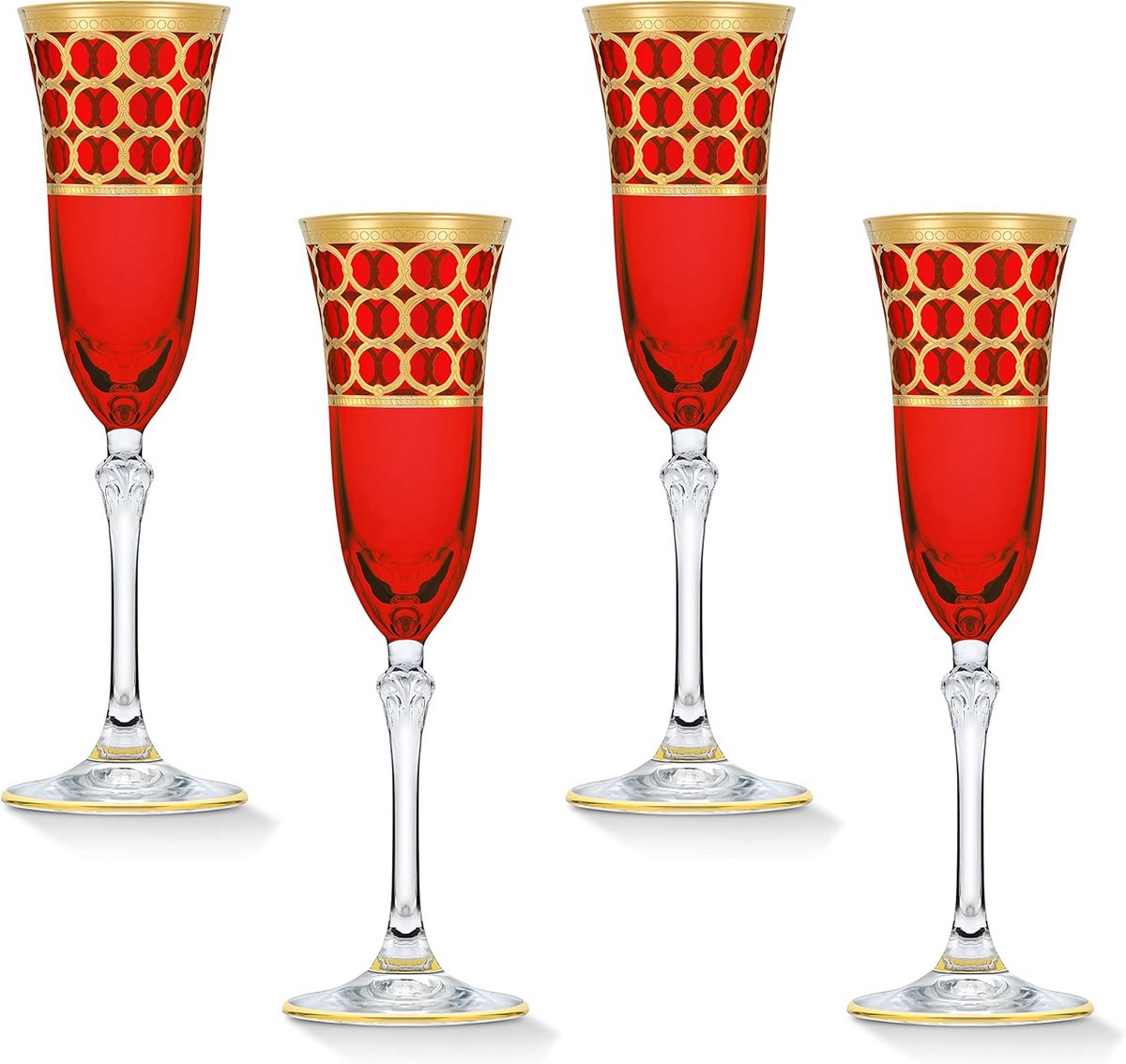 Set van 4 Luxe Dieprode Champagneglazen met Gouden Ringen