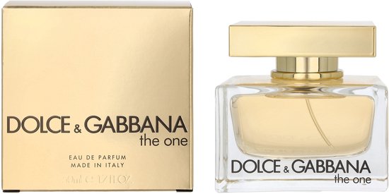 Dolce & Gabbana The One Eau de Parfum flesje van 50ml naast de bijpassende gouden doos.