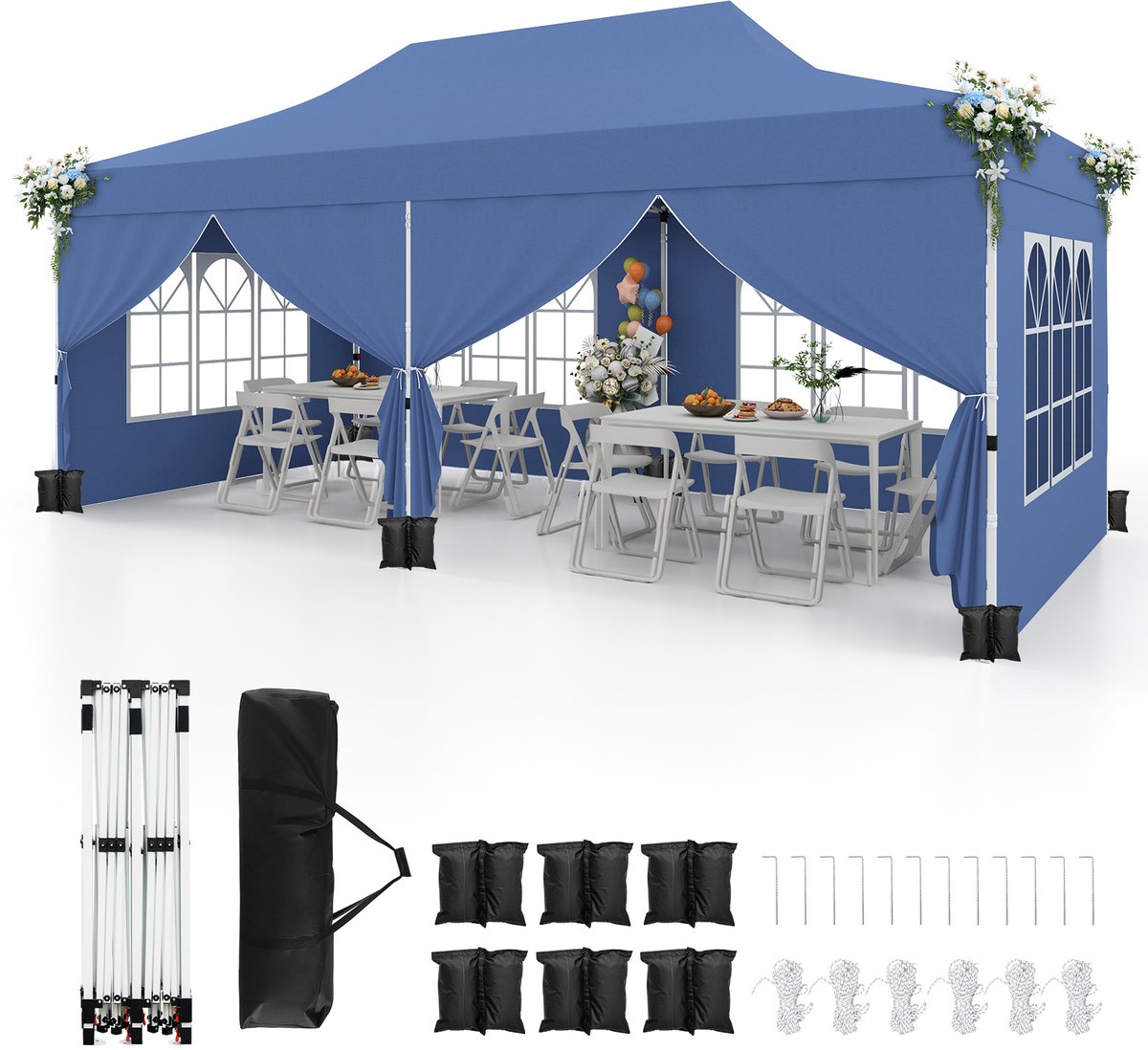 COSTWAY 3 x 6 m paviljoen, vouwpaviljoen met 6 afneembare zijwanden en zandzakken, waterafstotend, stabiel, winterbestendig, uv-bescherming 50+, partytent, tuinpaviljoen met draagtas, blauw