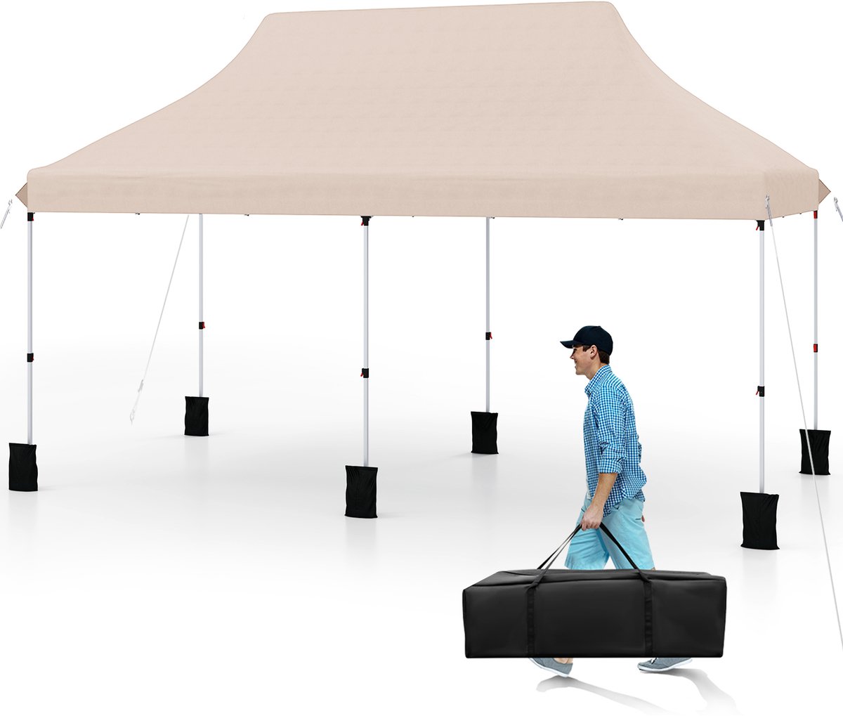 COSTWAY 3 x 6 m paviljoen, vouwpaviljoen, waterafstotend, stabiel, winterbestendig, uv-bescherming 50+, in hoogte verstelbare partytent, tuinpaviljoen met draagtas, voor tuin, bruiloft, feest, beige