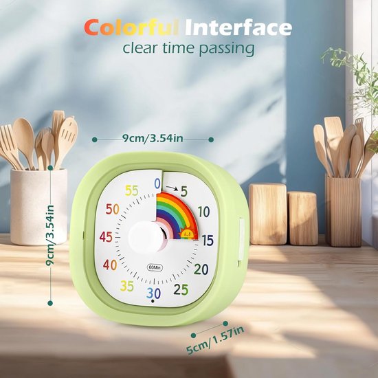 GeeRic Visuele timer van 60 minuten voor kinderen, stil, countdown met kleurenwijzerplaat, analoge timer zonder tikken voor klaslokaal, huis, tijdmanagement, varengroen