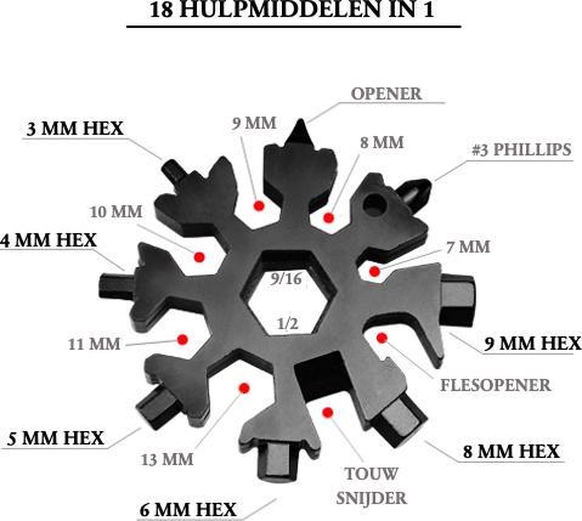 18-in-1 Multitool - Multifunctioneel - Schroevendraaiers / moersleutels / flesopener - Survivaltool - Sleutelhanger - Zwart - Jonyx