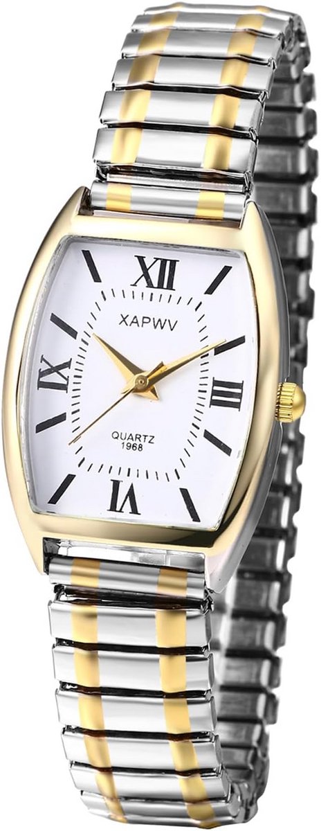 Analoge Dameshorloge Rechthoekig Goud Zilver Elastische Wijzerplaat Romeinse Cijfers