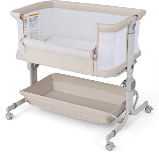 COSTWAY 3-in-1 bijzetbed, reisbed baby met matras, babybed 6 vakken in hoogte verstelbaar met opbergmand en draagtas, draagbare wieg met wielen voor baby's tot 6 maanden (beige)