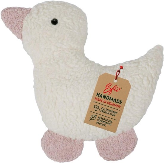 Witte knuffeleend met roze poten en snavel, met handgemaakt label.
