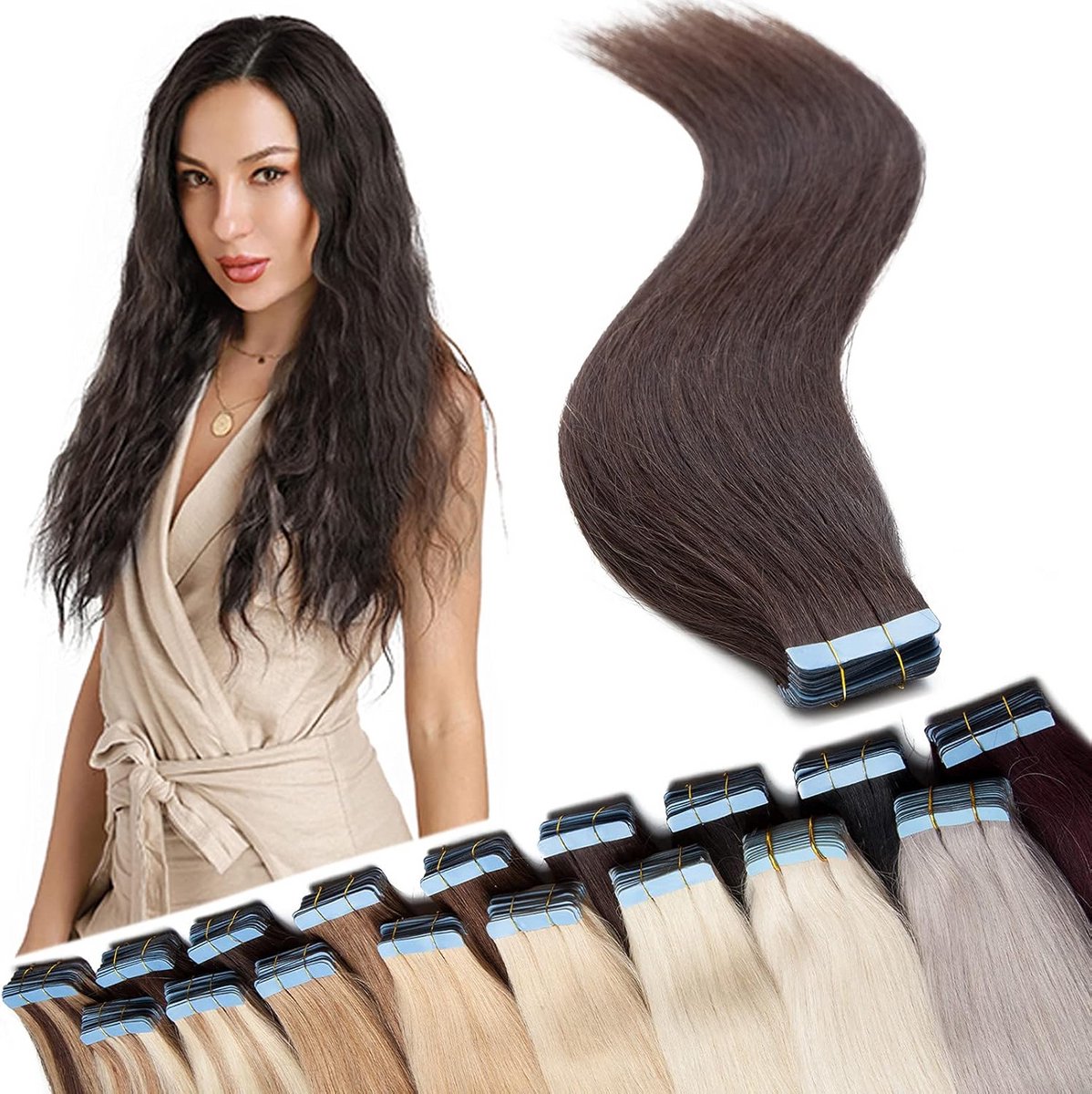 40 Stuks Tape In Haarverlenging van Remy Menselijk Haar – 56 cm – Donkerbruin #2