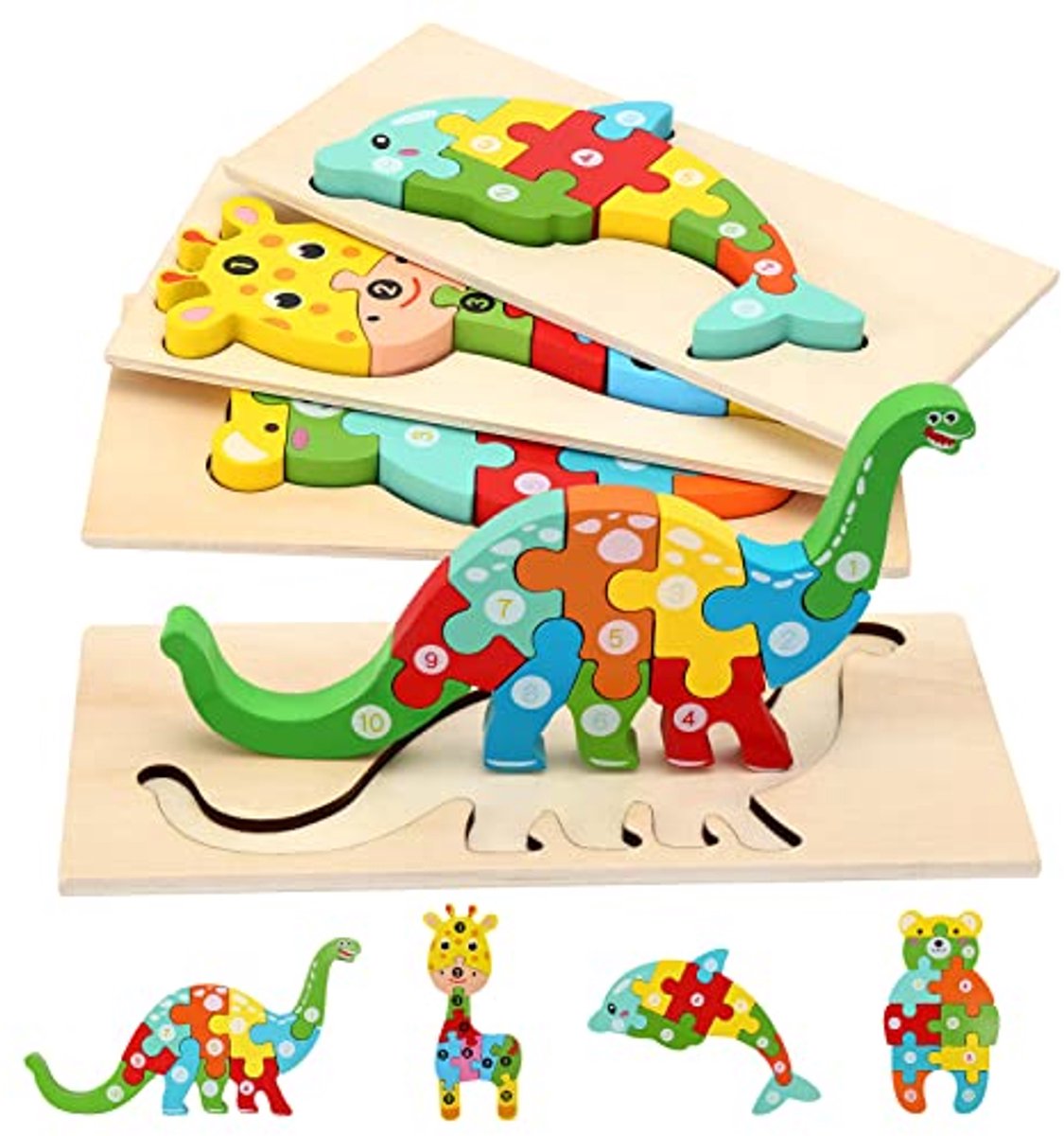 4 stuks houten puzzel voor peuters van 3-5 jaar, 3D dierenpuzzel, educatief speelgoed, Montessori-speelgoed, educatief houten puzzelspeelgoed, cadeau voor meisjes en jongens
