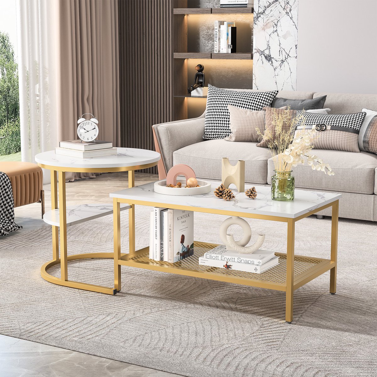 Nesttafels Set van 2 – Salontafel en Bijzettafel Set – Met Metalen Frame en Opbergruimte – Marmerlook Tafelblad – Modern Design