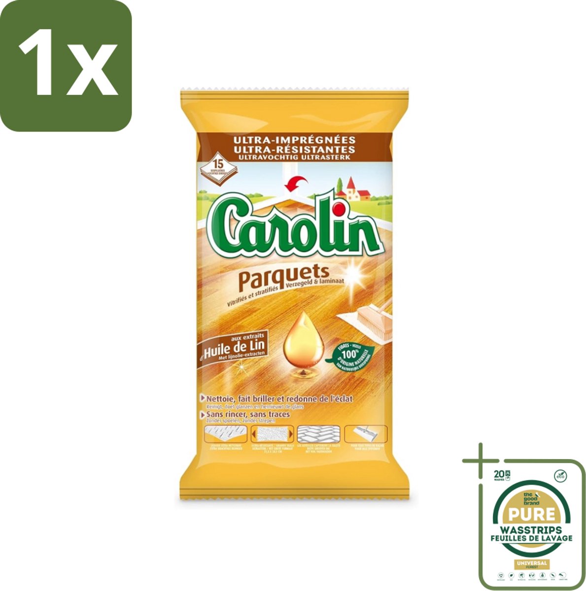 1 x Carolin - Parket Vloerdoekjes - Schoonmaakdoek - Met Lijnolie - 15 Doekjes- Parketvloerdoek - Parket Reinigen - Lijnolie - Hout Reinigen - Parketdoek