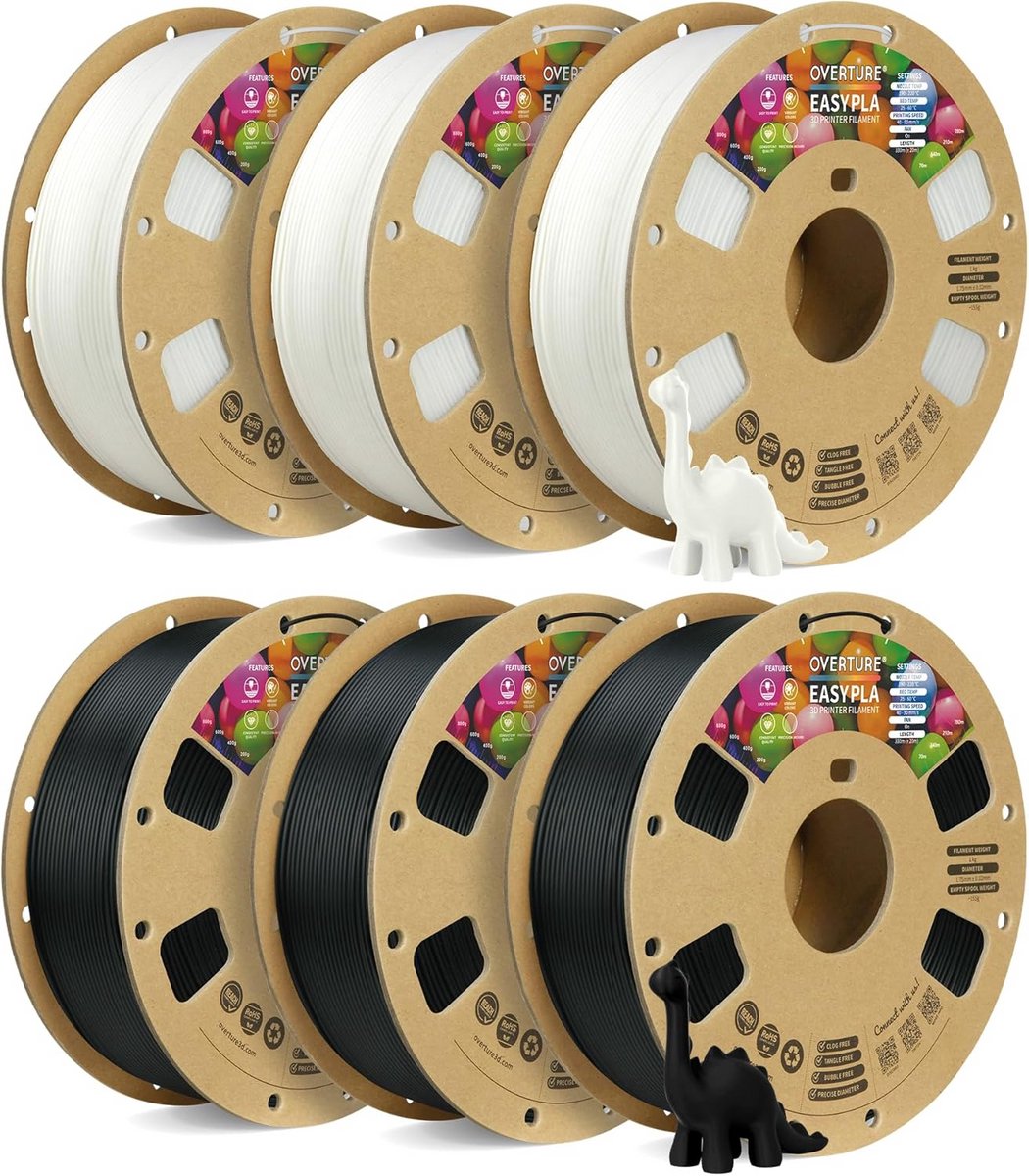 3D Printer Filament PLA 1.75mm Set - 6kg Zwart & Wit op Kartonnen Spoel - Hoge Nauwkeurigheid