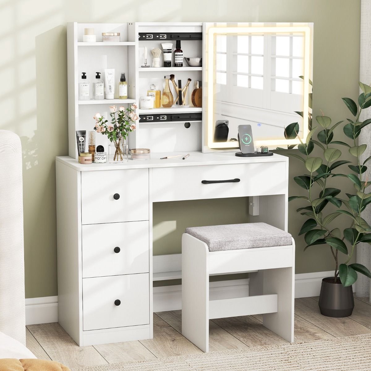 Kaptafel met spiegel en verlichting - Make up tafel - Make up - Toilettafel -Met lades - Wit