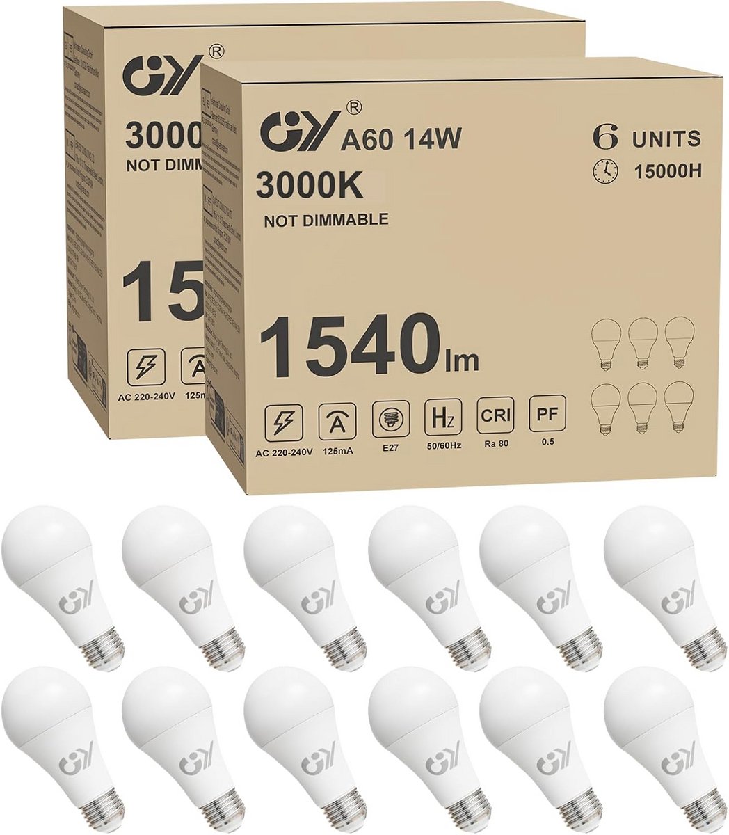 12x Ledlamp E27 14W Warmwit 1540 Lumen - Vervangt 100W Gloeilamp - Energiezuinig