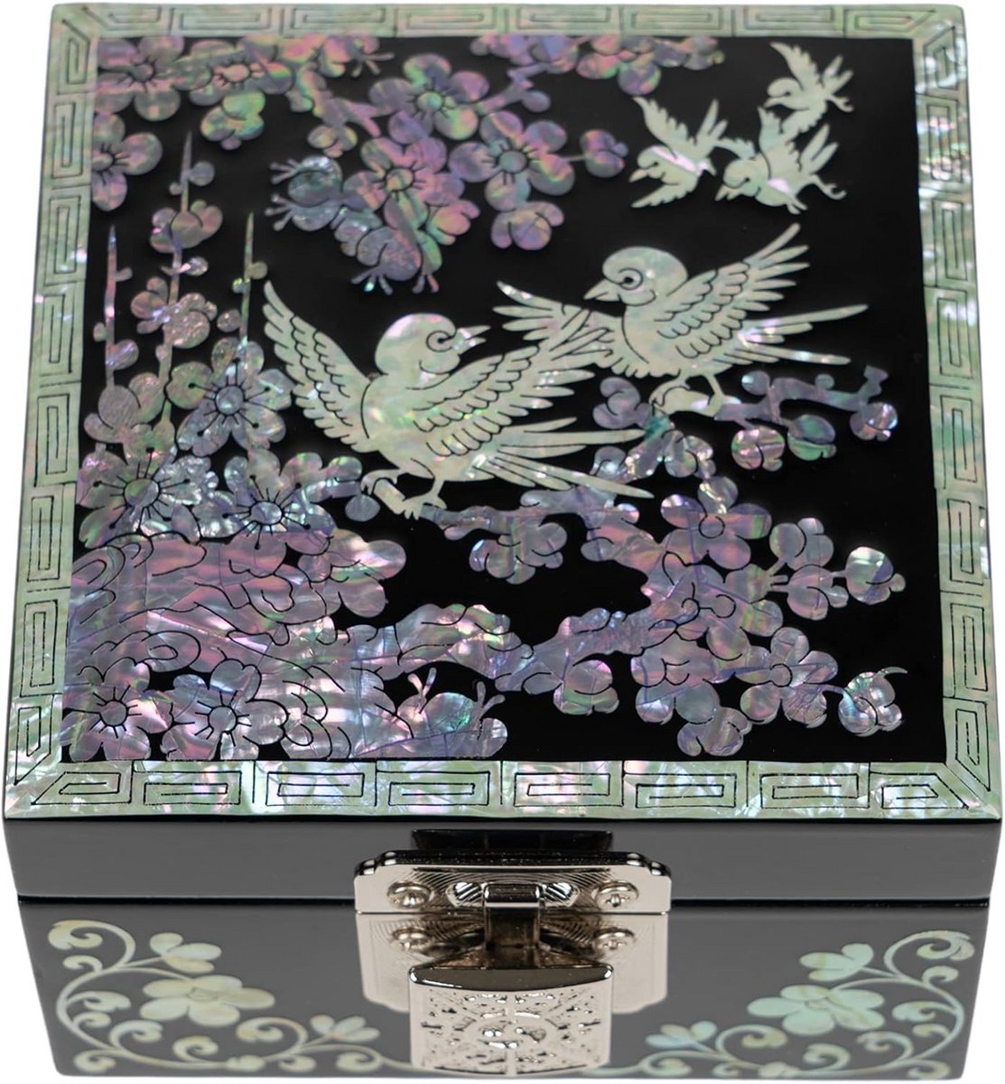 Mini Houten Parelmoeren Juwelendoos met Spiegel en Pruimenbloesem Design