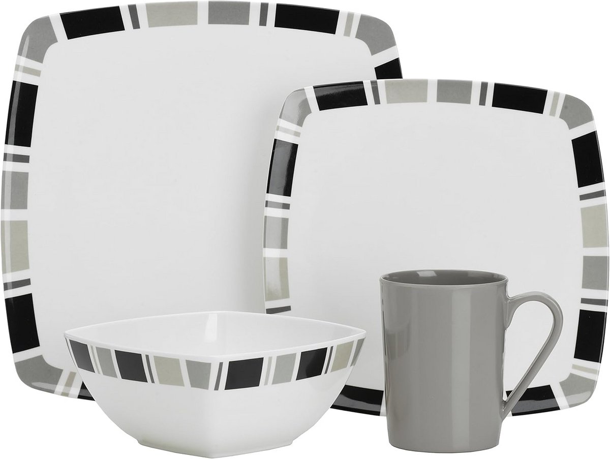 Carre Servies Set 16-delig Melamine - Wit/Grijs - Onbreekbaar Buiten Gebruik