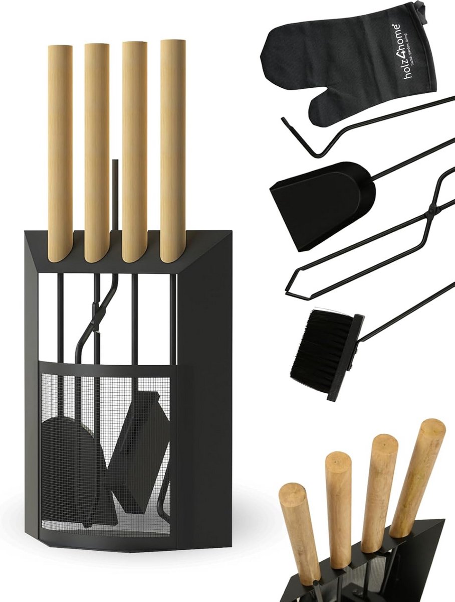 Complete Haardset 6 Delig Zwart met Houten Handvat en Ovenwant
