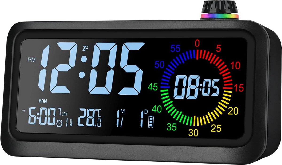 Digitale Wekker met Kleurrijk Led-Scherm, Timer, Snooze en 3 Wekinstellingen