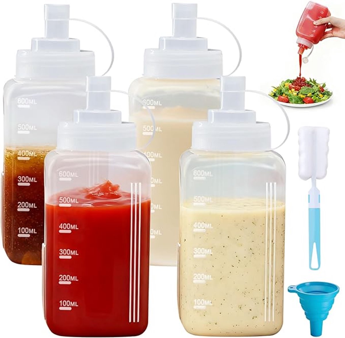 Famanu – Knijpfles set van 4, 600 ml, brede mond sausflessen met dop, trechter en borstel