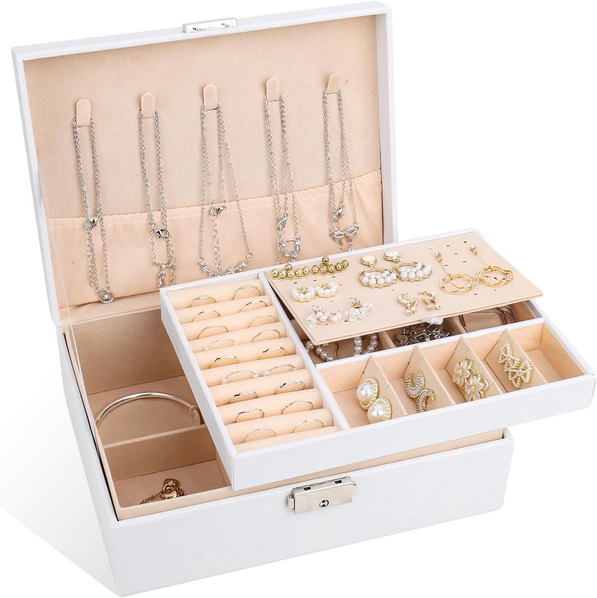 Grote Sieradendoos met 2 Lagen en Uitneembaar Dienblad - Sieraden Organizer voor Dames en Meisjes