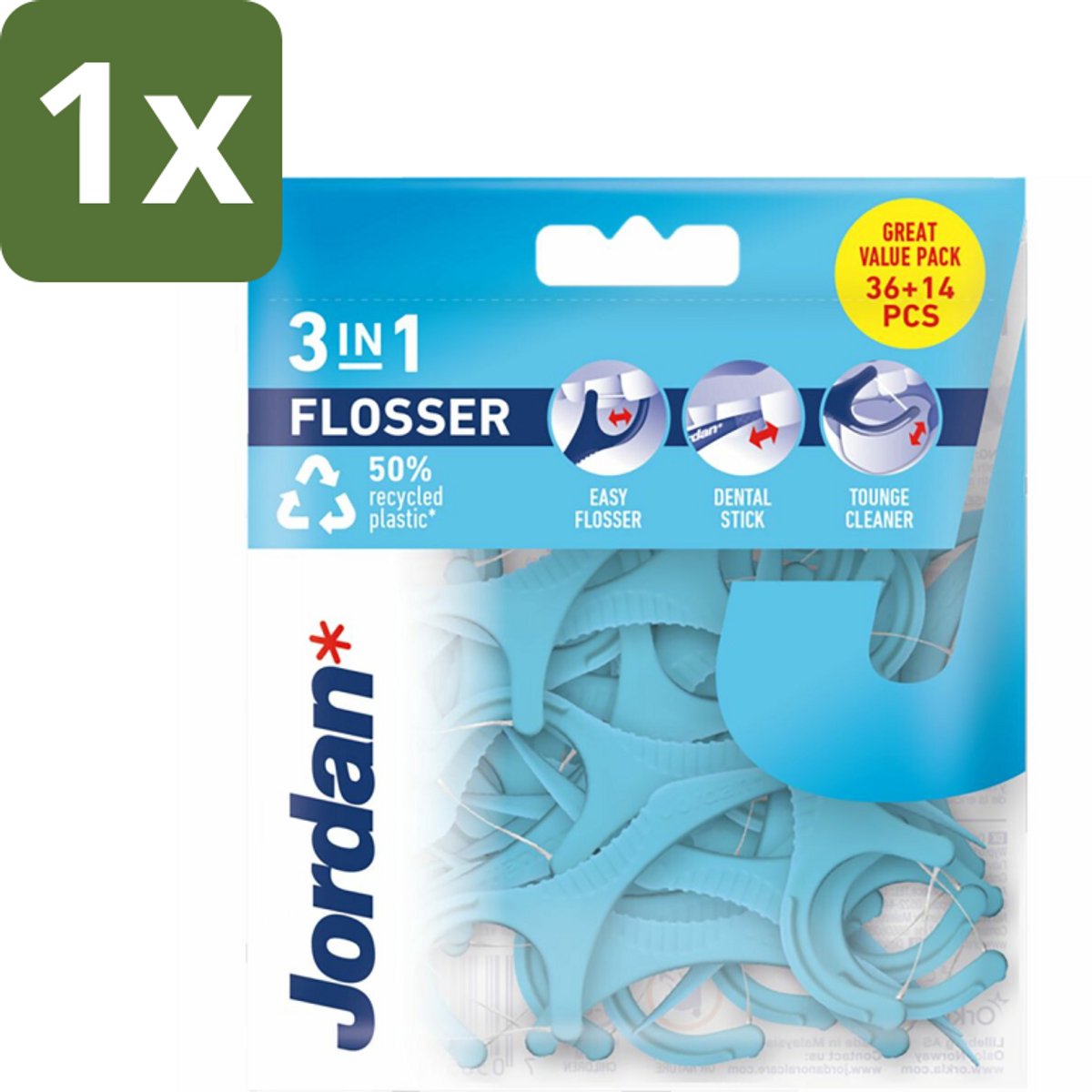 1 x Jordan Flosser 3-in-1 50 stuks per verpakking - 3-in-1 Flosser - Mondhygiëne - Flosdraad - Tandenstoker - Tongschraper