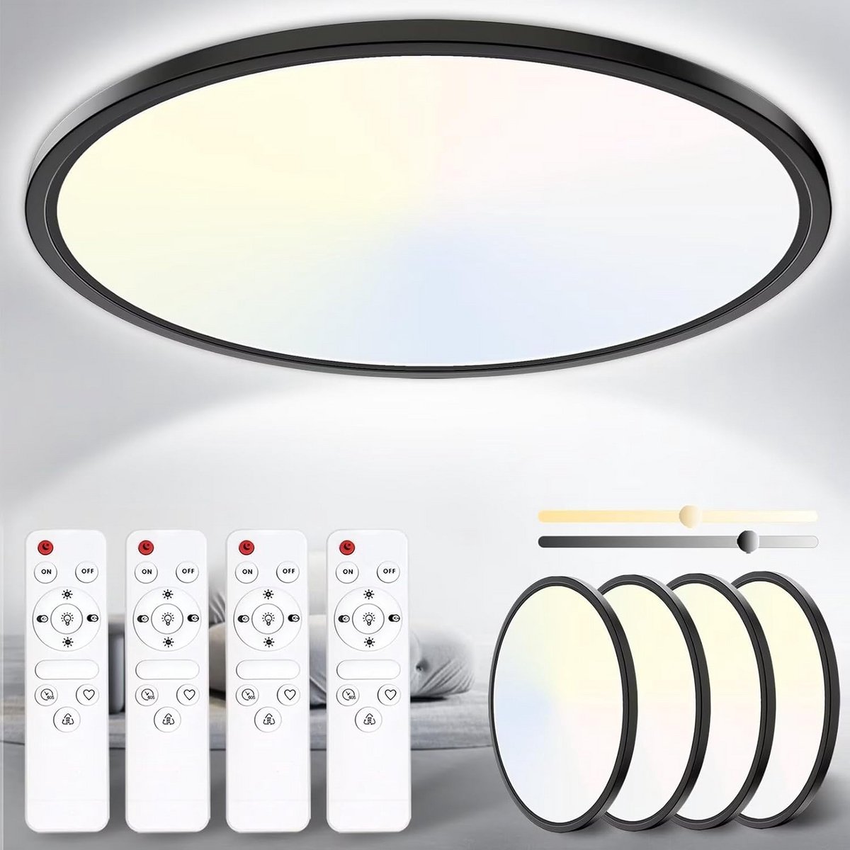 Ronde LED Plafondlamp Dimbaar (4-Pack) - 24W, 3200LM, Zwart, IP54 - Instelbare Kleurtemper