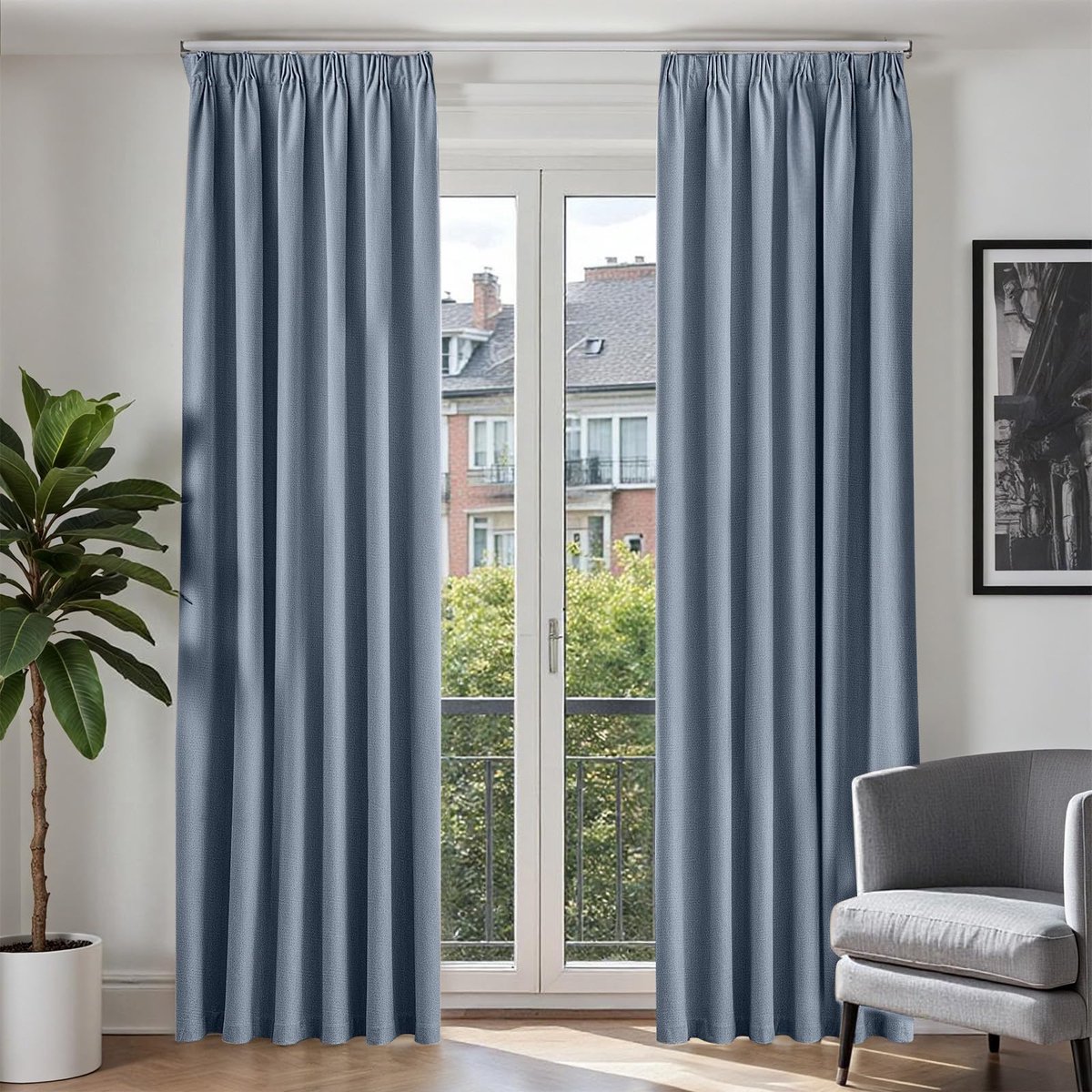 Unyqoos Verduisterende gordijnen met linnenlook en plooiband voor elke kamer blauw