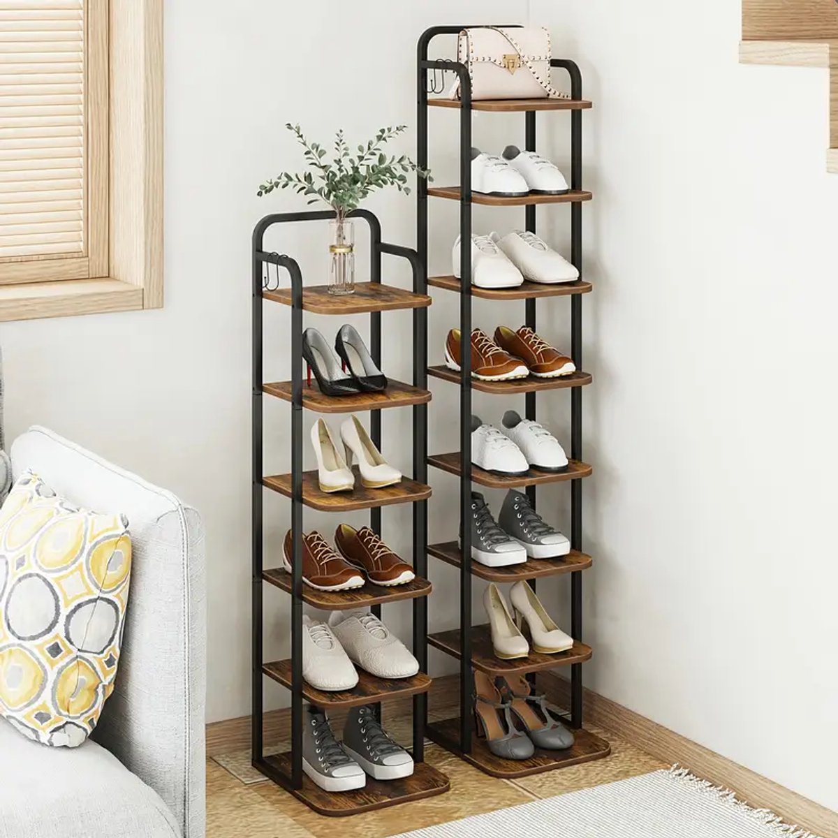 Ruimtebesparende Houten Schoenenrek Met 6 Niveaus - Stevig Ontwerp In Rustiek Bruin & Zwart - 101x26x30 cm