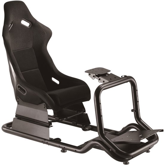 Compleet zwart racesimulator frame met kuipstoel, stuurwielhouder en pedaalplateau.