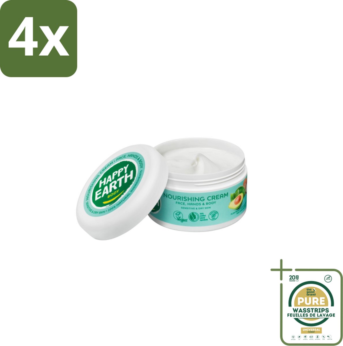 Happy Earth – Voedende Crème – 100% Natuurlijk – 200 ml - Voordeelverpakking - 4 stuks - Vegan crème - Avocado-olie