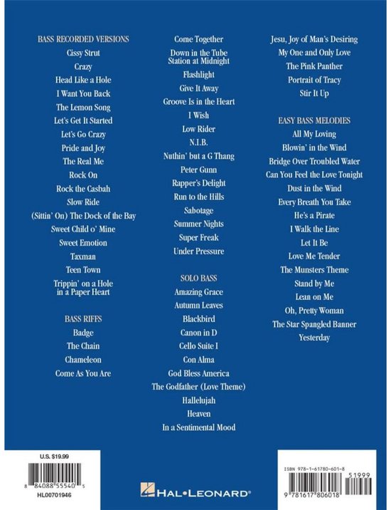 Dos de The Ultimate Bass Songbook avec code-barres et listes.