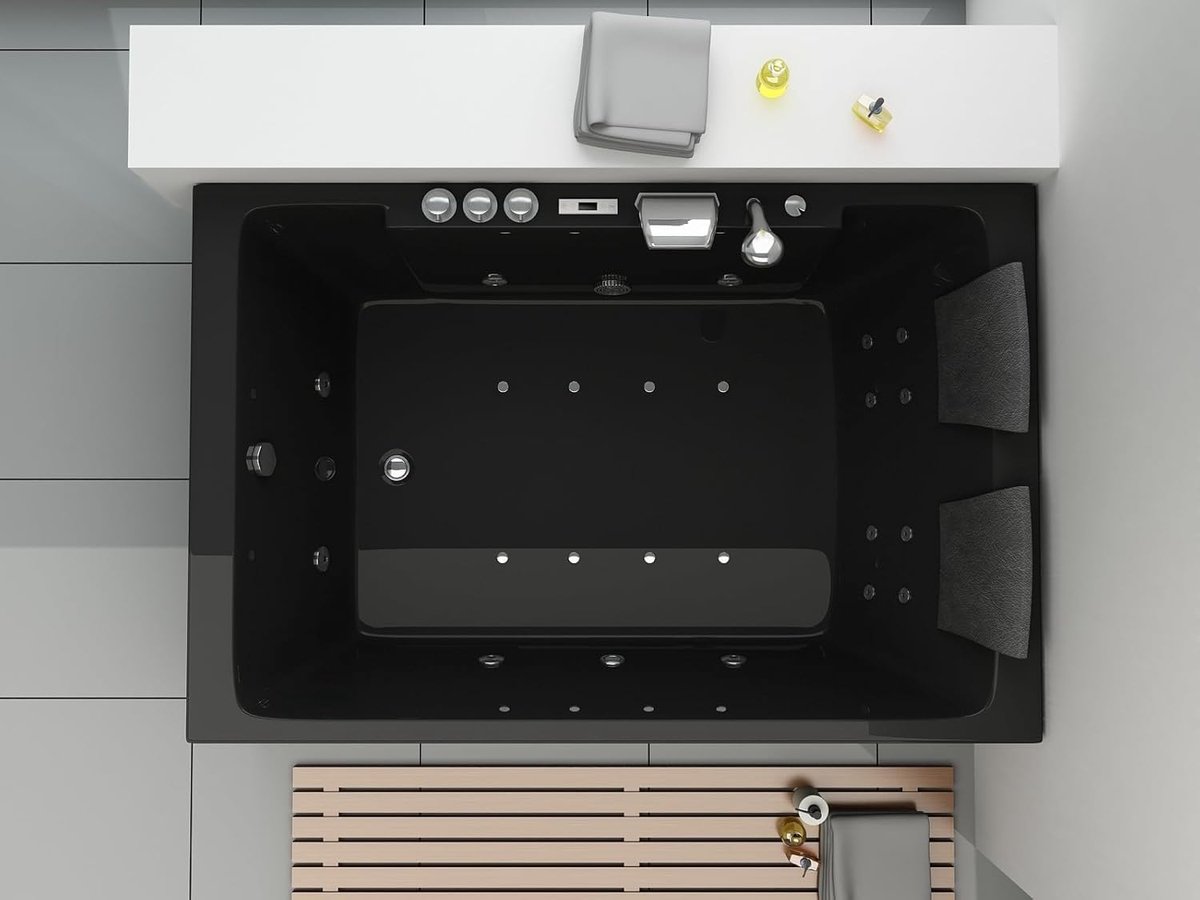 Torino Supreme HydroSpa 180 × 120 – Luxe Binnenwhirlpool voor 2 Personen met 14 Hydrojets & 8 Airjets, Verwarming, LED-Kleurenlicht, Bluetooth Geluidssysteem & Waterval – Acryl Zwart – Premium Massagebad voor Badkamer & Wellness – Alta Furniture