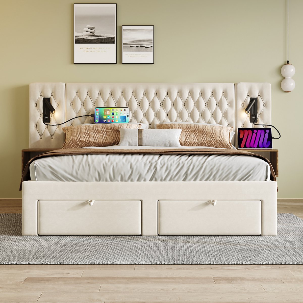 Merax Gestoffeerd bed 180x200 cm - met 2 nachtkastjes en 4 lades - hoofdeinde leeslamp met USB-oplaadfunctie - beige - zonder matras