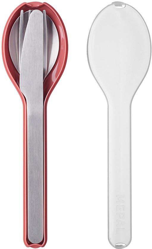 Couteau et fourchette en acier inoxydable dans un porte-cuillère rouge, à côté d'une cuillère transparente.
