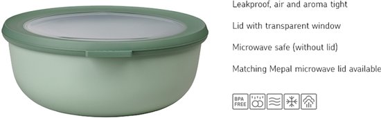 Boîte de conservation ronde vert clair avec couvercle transparent avec fenêtre. Hermétique, étanche et anti-odeurs. Passe au micro-ondes (sans couvercle).