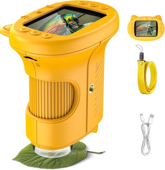 Microscope - Microscope Kinder - Microscope portable pour enfants - Microscope numérique 4K 1000x - Écran IPS 2,4 pouces - 8 LED- speelgoed scientifique et éducatif - 3-12 ans - Idée cadeau de Noël - Oranje