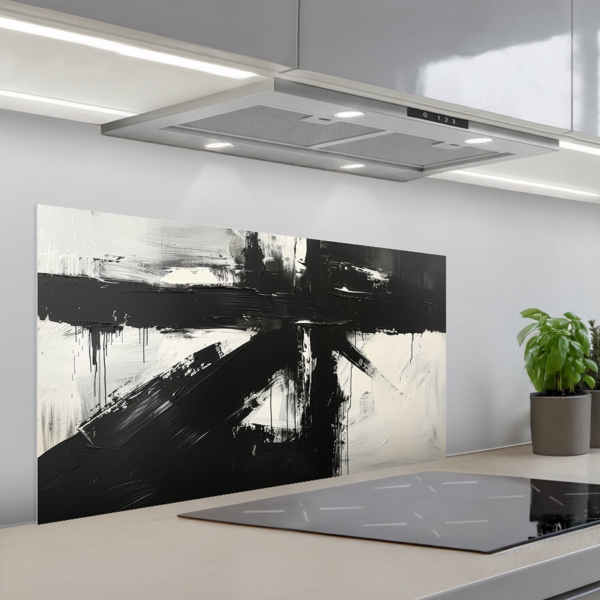 KitchenYeah Spatscherm 100x50 cm Zelfklevende achterwand Modern Zwart wit Abstract Kunst Keuken muurbeschermer Spatwand fornuis