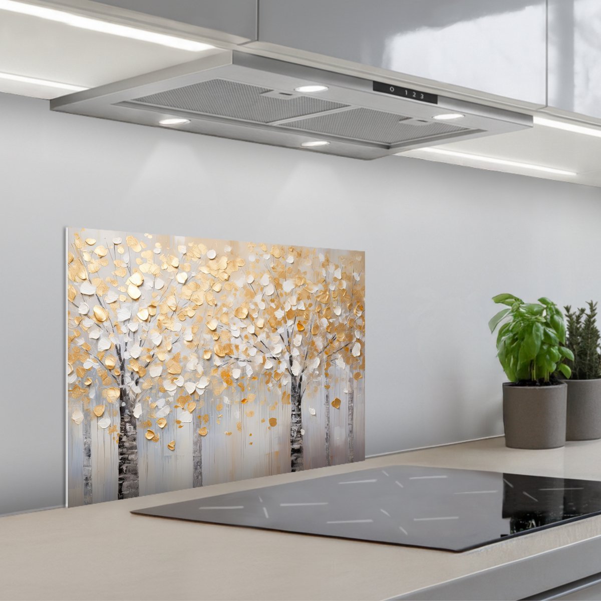 KitchenYeah Spatscherm 60x45 cm Zelfklevende achterwand Bomen Aquarel Kunst Natuur Keuken muurbeschermer Spatwand fornuis