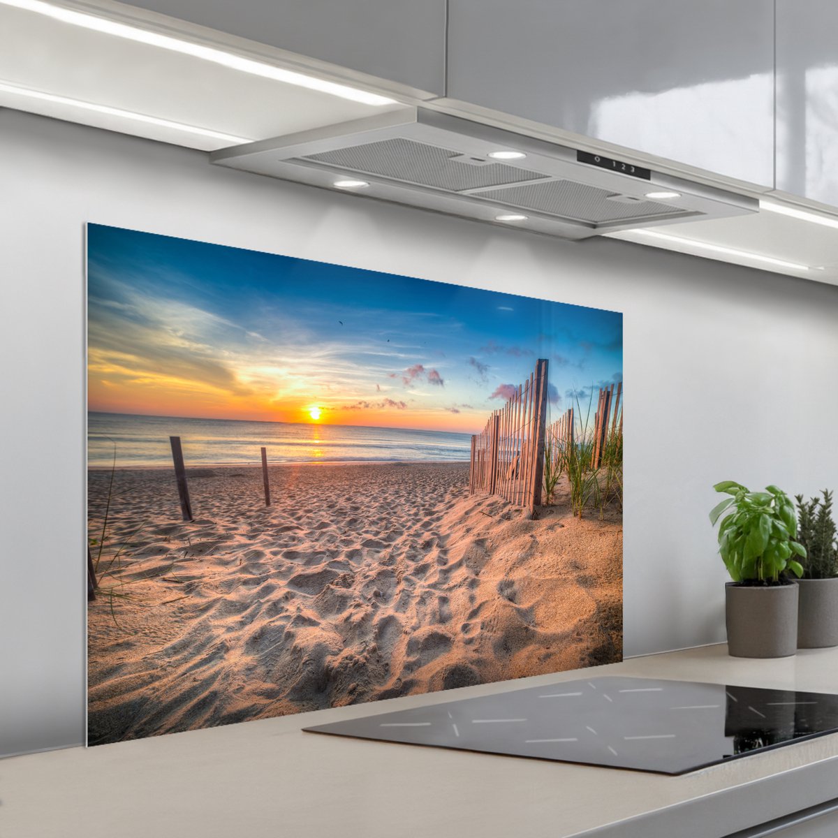 Spatscherm 100x65 cm - Zelfklevende achterwand Duinen - Zonsondergang - Strand - Zee - Horizon - Keuken muurbeschermer - Spatwand fornuis