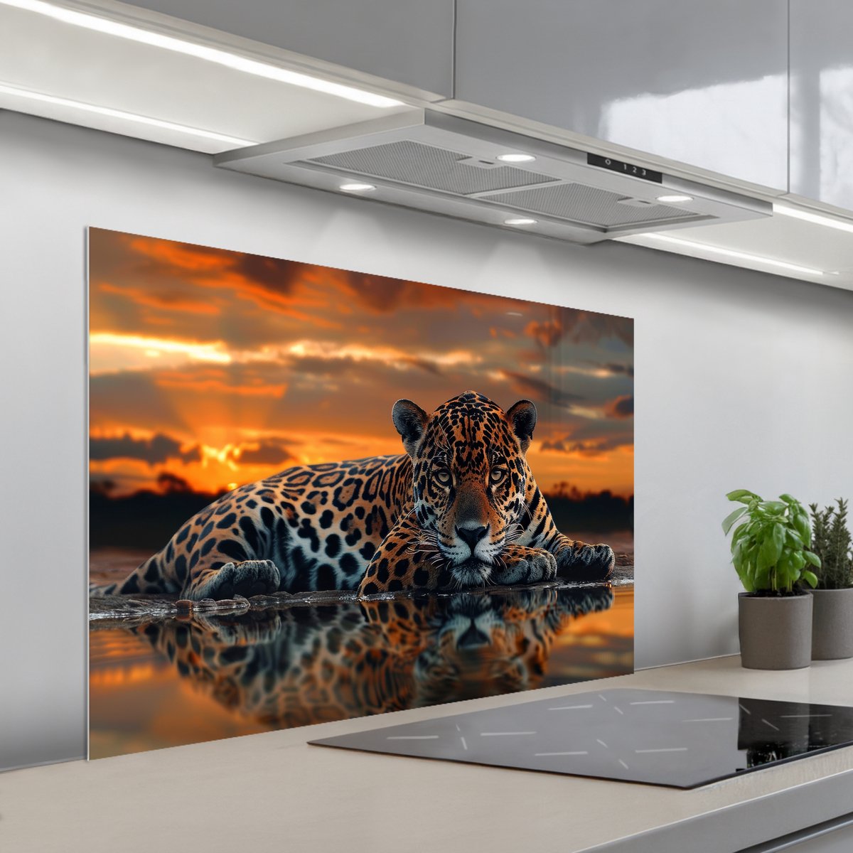 Spatscherm 100x65 cm - Zelfklevende achterwand Natuur - Luipaard - Dier - Zonsondergang - Modern - Keuken muurbeschermer - Spatwand fornuis