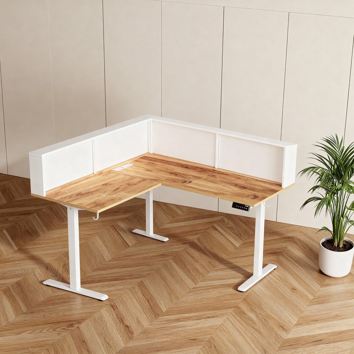 Elektrisch Bureau – ProLumo Elevate L-Shape 160x140 cm – In Hoogte Verstelbaar Zit-Sta Bureau – Geheugenfunctie – LED Sfeerverlichting – T-Frame Stabiliteit – Schokdemping – Hoekbureau voor Kantoor & Thuis – Lichtbruin Hout