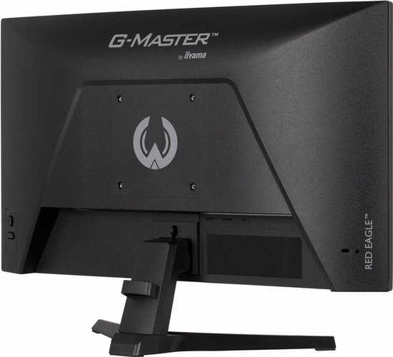Achterkant van een zwarte monitor met het G-MASTER en iiyama logo, een uil-logo en 'RED EAGLE' tekst.