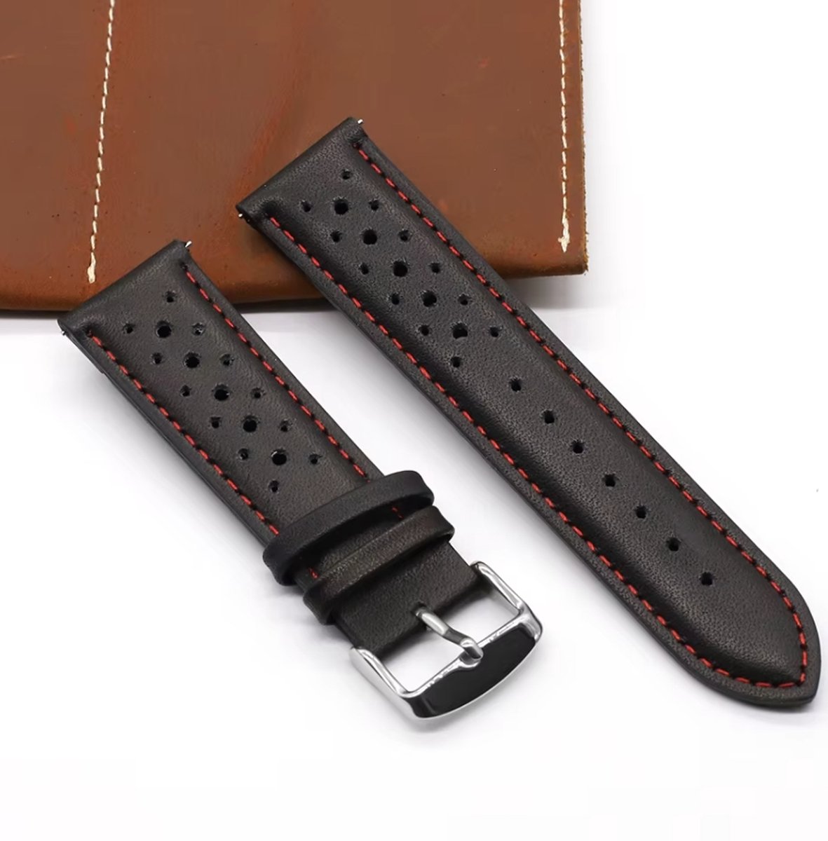 Actie4you® - Race Horlogebandje Kalfsleer - Makkelijk Zelf te Verwisselen - Horloge Band - Echt Leder - Zwart Rode Stiksels - 22MM